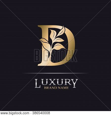 Golden Initial Letter D. Elegant Design Letter D With Floral Branch. Luxury Gold Logo Icon. Vintage 