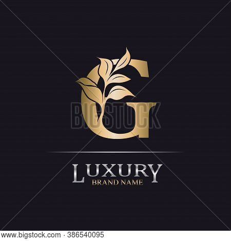 Golden Initial Letter G. Elegant Design Letter G With Floral Branch. Luxury Gold Logo Icon. Vintage 