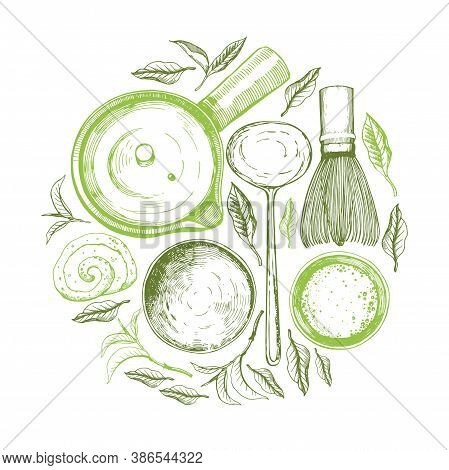 Matcha Vector Illustration With Food And Drink Sketch. Round Compositions. Japaneese Ethnic And Nati