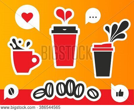 Coffee Paper Cups Spill With Drops . Vector Illustration