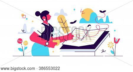 Writing Diary Vector Illustration. Private Daily Events Reflection In Flat Tiny Person Concept. Open