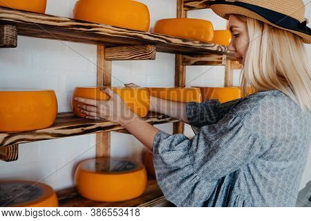 Goat Cheese Wheel In Female Hands On Rack In Factory Warehouse. Several Mature Cheese Heads On Displ
