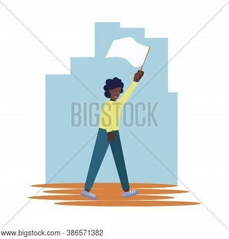 African  Girl Waving A White Flag Under Her Head