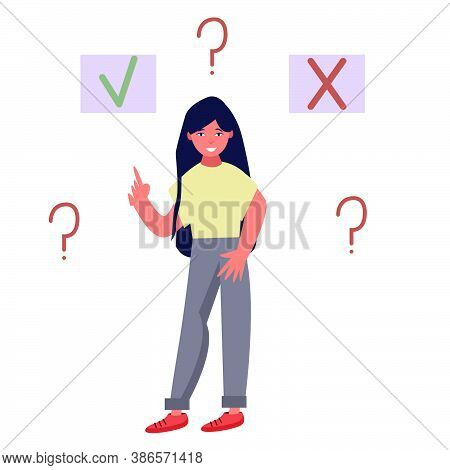 The Girl Makes A Choice Of Two Values. Cute Vector Illustration