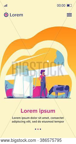 Fresh Milk In Glass Jug. Cow Pasturing On Farming Field. Vector Illustration For Farm Food, Nutritio