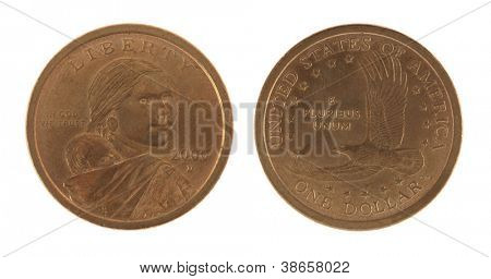 Amerikanske Sacagawea dollar mønt. Forsiden og bagsiden isoleret på hvid.