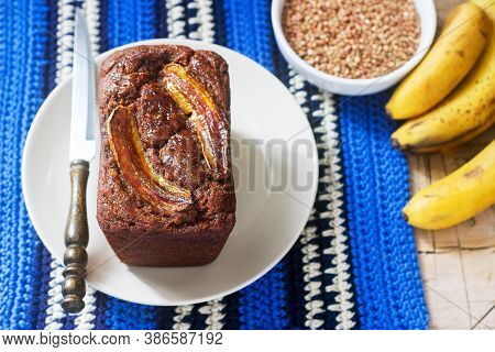 Homemade Buckwheat Banana Cake With Honey Glaze. Gluten Free Baking.