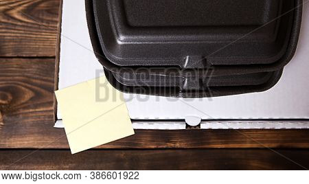 Food Delivery Containers And A Pizza Box Are Stacked. Food Delivery Service, Ready-made Hot Order, S