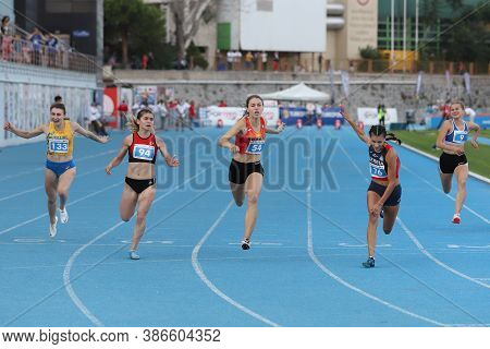 Istanbul, Turkey - September 12, 2020: Athletes Running 100 Metres During Balkan U20 Athletics Champ