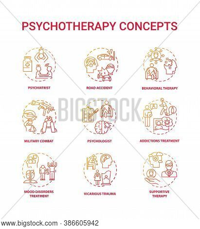 Psychotherapy Concept Icons Set. Mental Health Treatment Idea Thin Line Rgb Color Illustrations. Vic