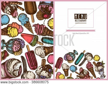 Menu Cover Design With Colored Ice Cream Bowls, Ice Cream Bucket, Popsicle Ice Cream, Ice Cream Cone