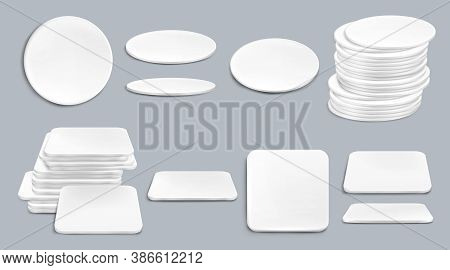 White Beer Coasters In Top And Different Angles View. Vector Realistic Mockup Of Blank Cardboard Mat
