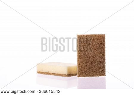Organic Eco-friendly Sponges For Washing Dishes Isolated On White Background. Dual-sided Scrubbing N