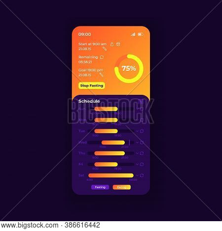 Fasting Tracker Smartphone Interface Vector Template. Mobile App Page Nightmode Design Layout. Contr