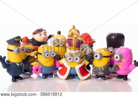 Los Angeles, Usa - August 17, 2020: Minions Mcdonalds Happymeal Toys Isolated On White Background. P