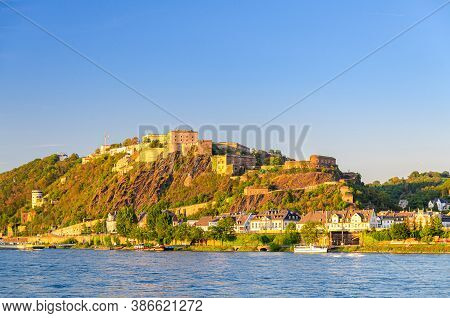 Ehrenbreitstein Fortress Medieval Building On Hill Of East Steep Bank Of Rhine River, View From Kobl