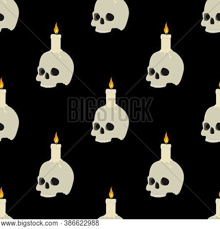 Skull With Candle On Black Background. Halloween Seamless Vector Pattern