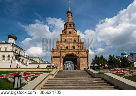 Kazan, Russia - July 15, 2018: Leaning Tower Syuyumbike, Also Called The Khan's Mosque, Is Probably 