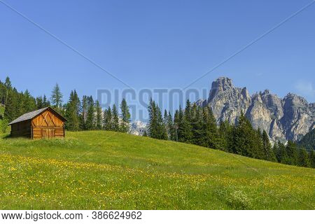 Mountain Landscape At Summer Along The Road To Campolongo Pass, Dolomites, Bolzano Province, Trentin