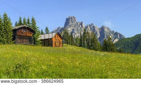 Mountain Landscape At Summer Along The Road To Campolongo Pass, Dolomites, Bolzano Province, Trentin
