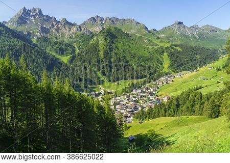 Mountain Landscape At Summer Along The Road To Campolongo Pass, Dolomites, Belluno Province, Veneto,