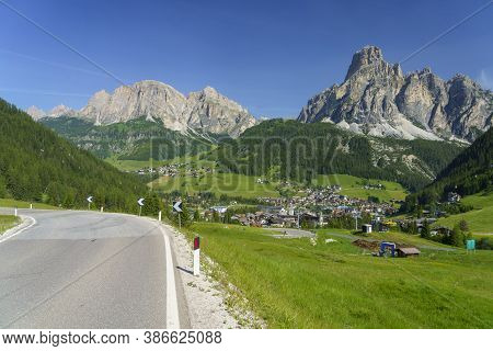 Mountain Landscape At Summer Along The Road To Campolongo Pass, Dolomites, Bolzano Province, Trentin