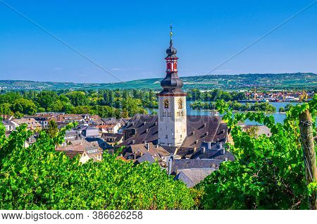 Aerial View Of Rudesheim Am Rhein Historical Town Centre With Clock Tower Spire Of St. Jakobus Catho