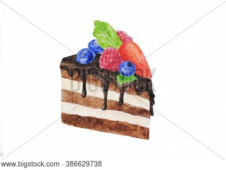 Delicious Cake Decorated With Chocolate, Strawberries, Raspberries, Blueberries And Mint. Watercolor