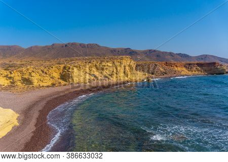 The Beautiful Beach On The Coast Of La Isleta Del Moro In The Cabo De Gata Natural Park, Nijar, Anda