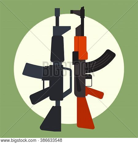 Ak47 Icon And M16 Icon Machine Gun Black Silhouette. Vector Illustration.