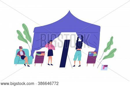 Man Try On Jumper In Front Of Mirror At Tent Of Street Market Vector Flat Illustration. People Choos
