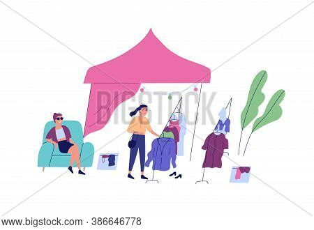Female Choosing Clothes At Rag Fair Or Street Market Vector Flat Illustration. Buyer Touch Apparel O