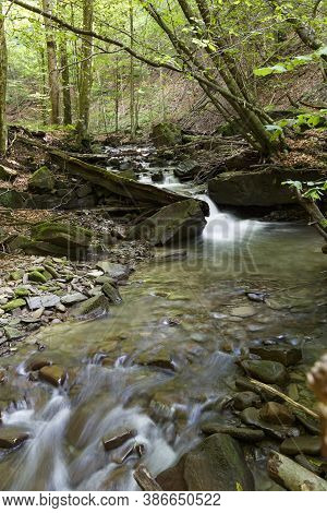 Nature Landscape With The Stream Of The Forest River At Summer. Turichka River Near Lumshory Village