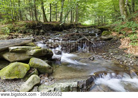 Nature Landscape With The Stream Of The Forest River At Summer. Turichka River Near Lumshory Village