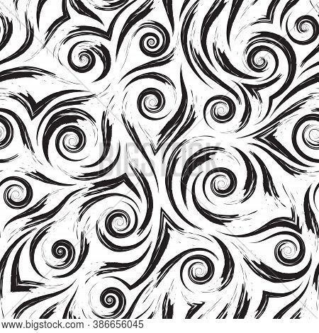 Stock Black And White Vector Seamless Pattern. Water Waves Or Splashes. Abstract Texture From Brush 