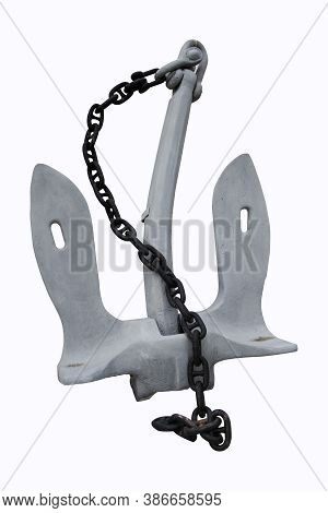 Anchor And Rusty Chain Isolate On White Background, Clipping Path. It Is A Heavy Object Attached To 