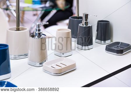 Household Goods For Organizing Home Space And Interior, Various Sets Of Accessories For Bathroom And