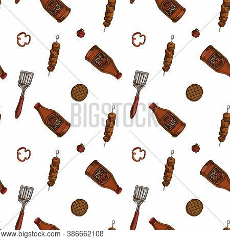 Seamless Pattern With Hand Drawn Colored Spatula, Kebab, Sauce Bottles, Grilled Burger Patties, Gril