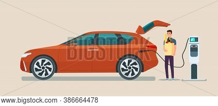 Man Carry Grocery Bags In Modern Electric Cuv Car. Electric Car Is Charging. Vector Flat Illustratio