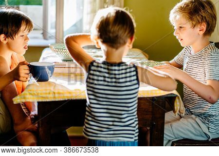 Three Different Age Boy At Kitchen In Bright Sunny Day Preparing For Dinner, Setting Dishes. Special