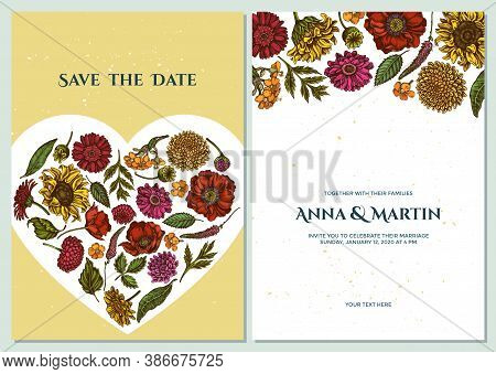 Wedding Invitation Card With Colored Poppy Flower, Gerbera, Sunflower, Milkweed, Dahlia, Veronica St