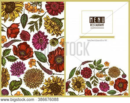 Menu Cover Floral Design With Colored Poppy Flower, Gerbera, Sunflower, Milkweed, Dahlia, Veronica S