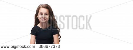 Youga Relaxation Class. Little Girl Portrait. Smiling Face. Sitting Home Online Lesson. Person Banne