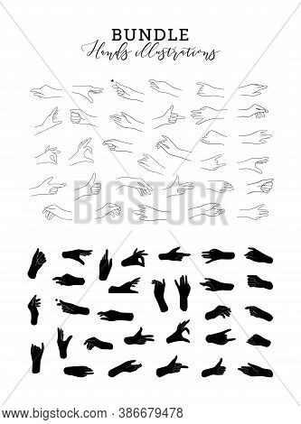 Trendy Vector Drawings Of Hand In Linear Style. Minimalism Illustration. Black Line Hands In Differe