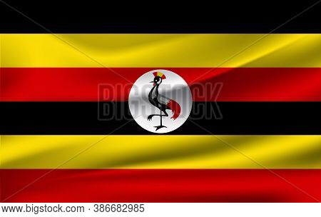 Realistic Waving Flag Of Republic Of Uganda. Fabric Textured Flowing Flag Of Uganda.