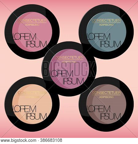 Set Of Decorative Cosmetics. Make Up Cosmetics. Isolated In A Black Circle. Eye-shadows Of Blue, Vio