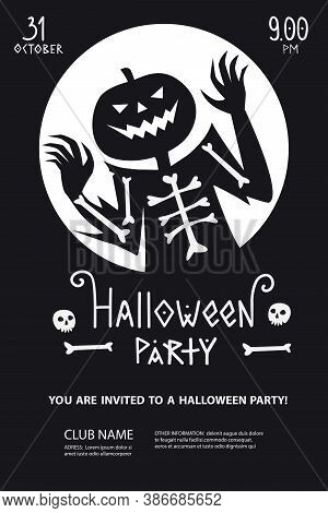 Halloween Party Poster Invitation With Silhouette Of Ghost Jack In Minimalist Black And White Style.