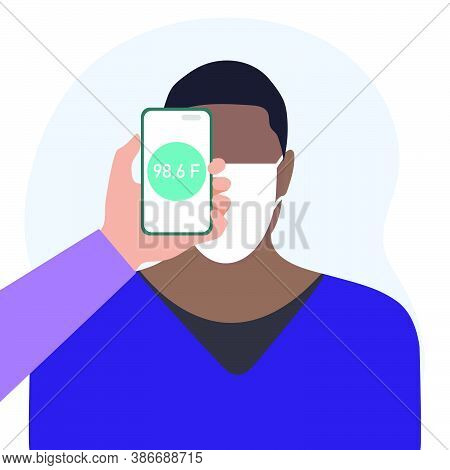 Vector Illustration Phone Placed On Forehead Of Person Remotely Measures Temperature. New Technology