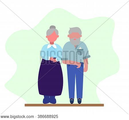 An Elderly Couple Stands Hand In Hand. Vector Flat Illustration, With A Simple Background