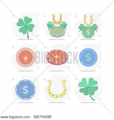 Casino Chip Vector Flat Illustration On White Background, Lucky Casino Chip With Clover Leaf, And Ho